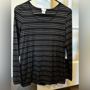 Chico’s black top with gold and silver metallic stripes. New with tags Size 0